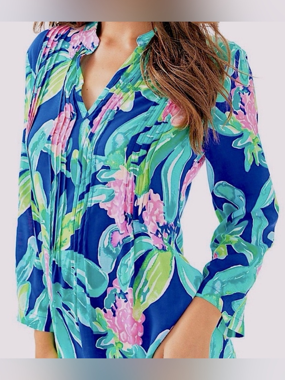 Lilly Pulitzer Sarasota Quarter Sleeve Ikat Blue Island Exoctic Rayon Tunic M
